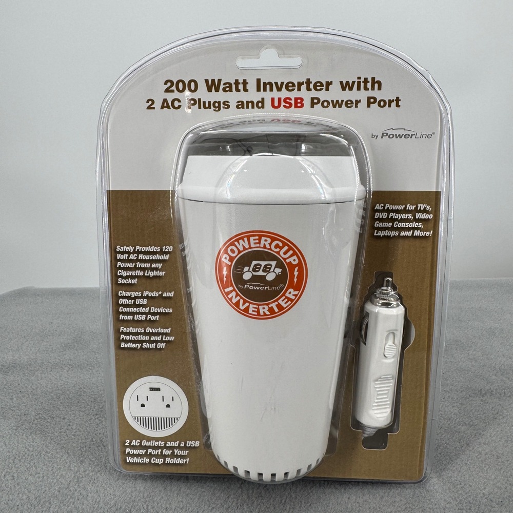 PowerLine PowerCup 200W Car Power Inverter 2 AC Outlets USB 0900-66 NEW White